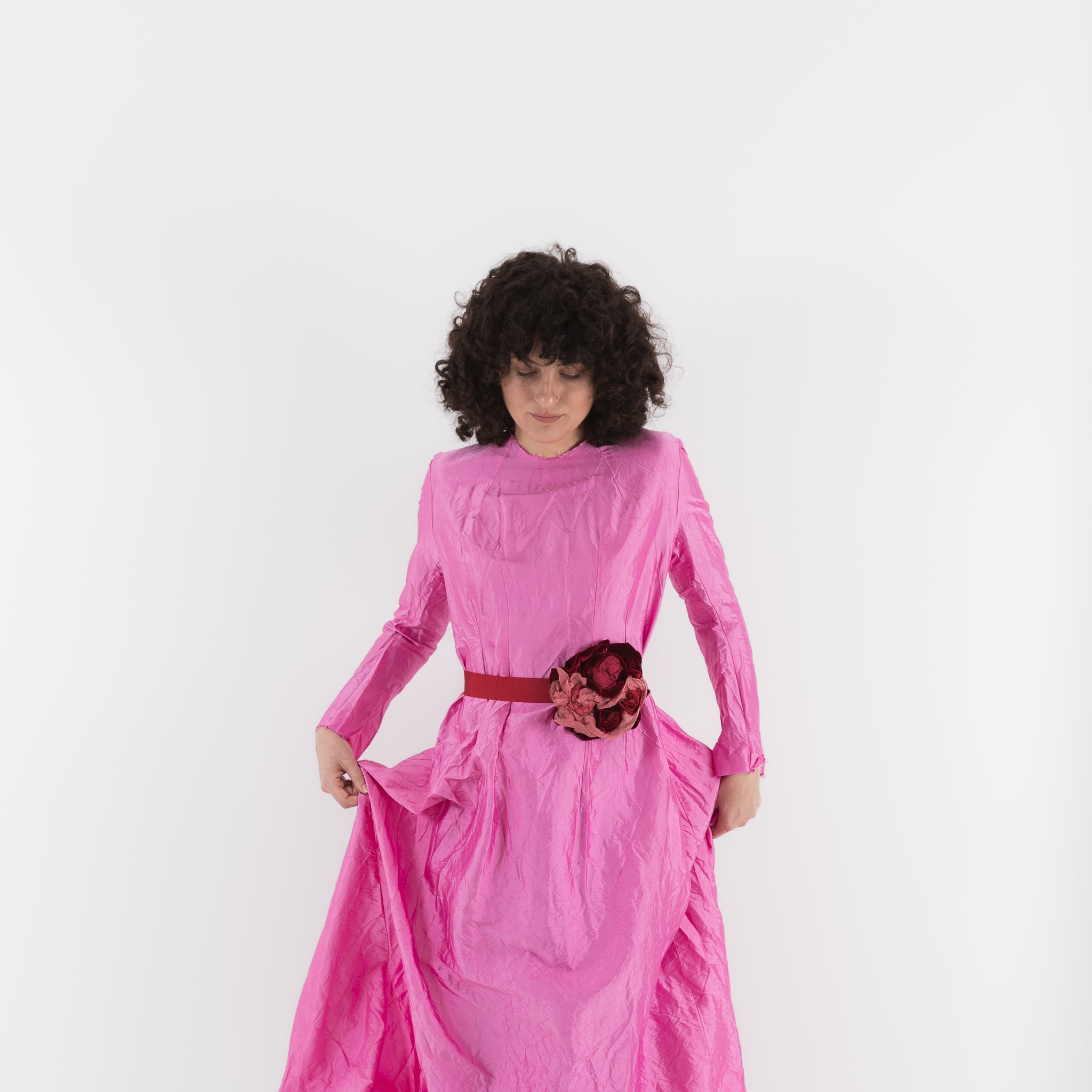Elena Dawson Silk Dress in Pink with Red Roses Belt