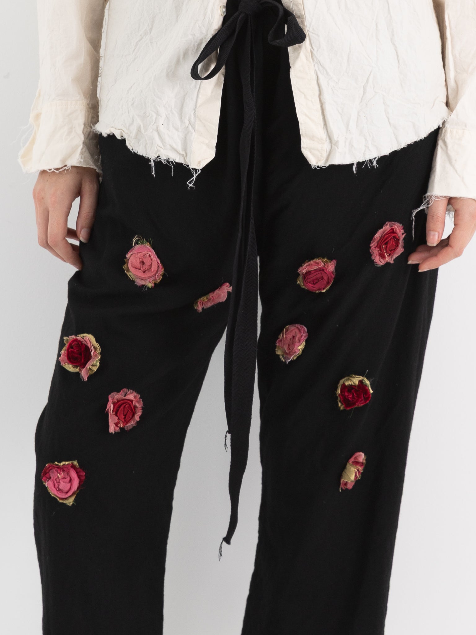 Elena Dawson Drawstring Trouser with Rosebuds, Black at Worthwhile