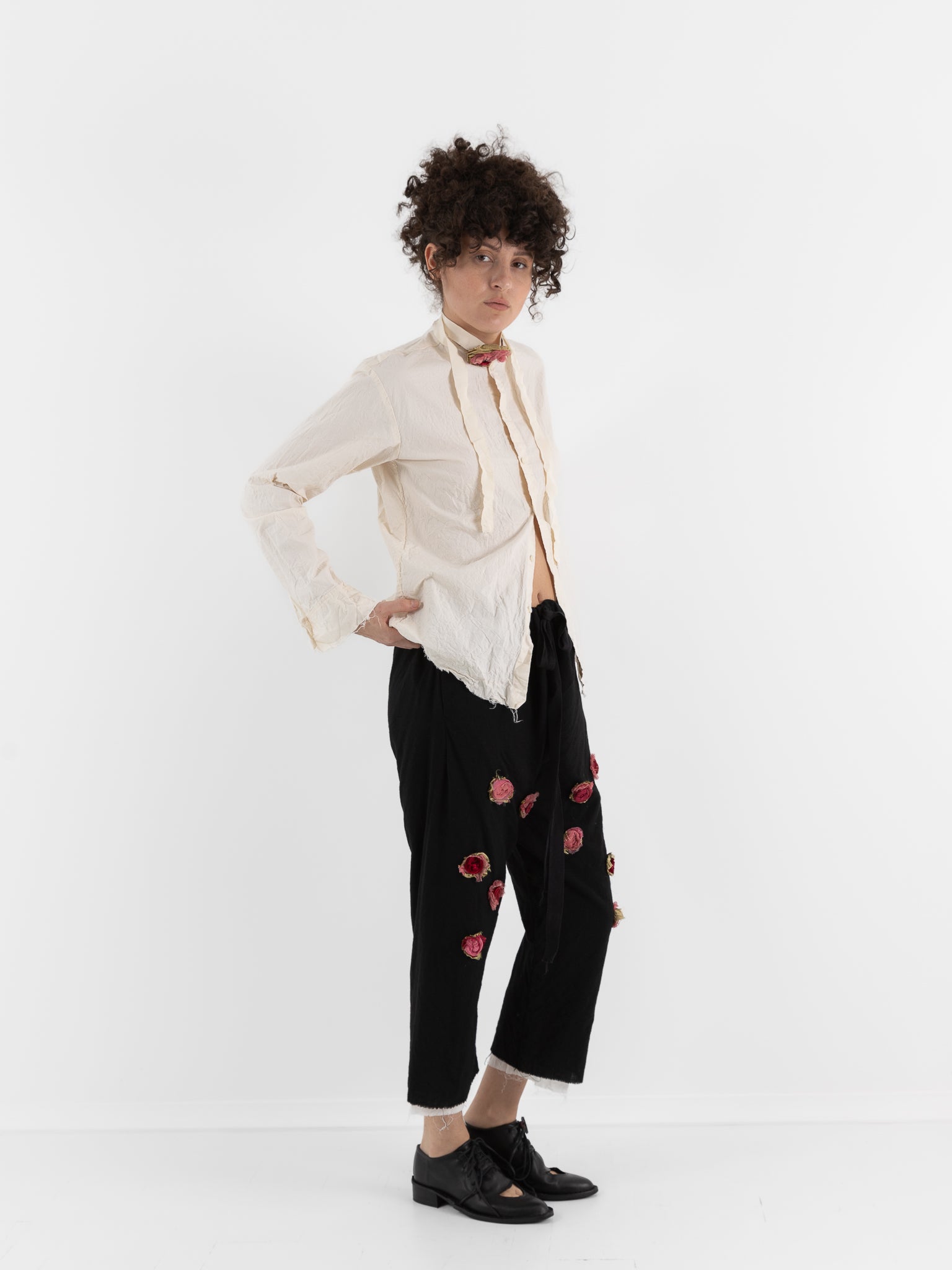 Elena Dawson Drawstring Trouser with Rosebuds, Black at Worthwhile