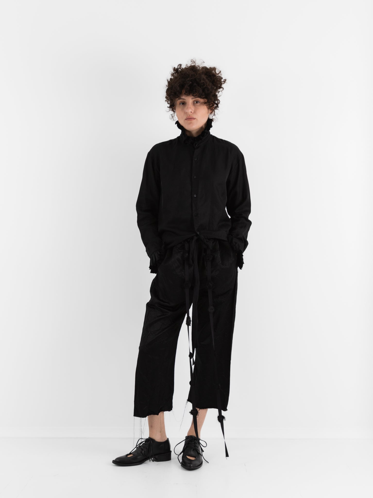 Elena Dawson Drawstring Trouser with Rosebud Ties, Black at Worthwhile