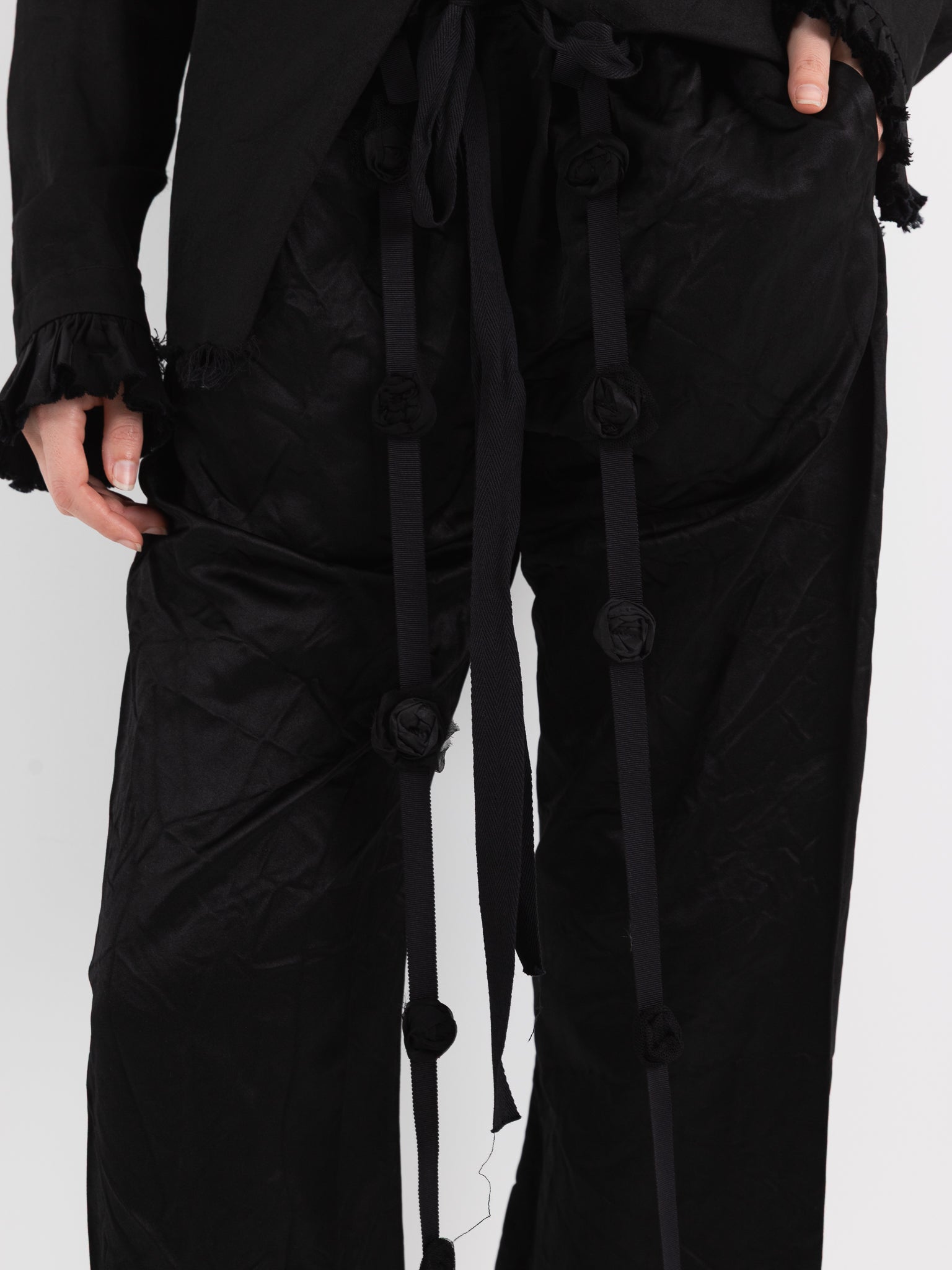 Elena Dawson Drawstring Trouser with Rosebud Ties, Black - ELENA DAWSON at Worthwhile