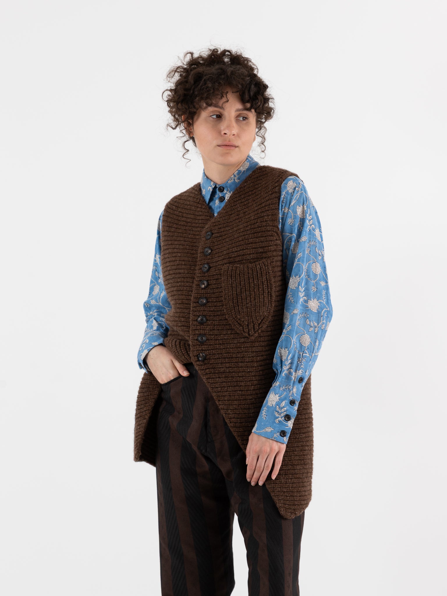 John Alexander Skelton Heavy Stitch Long Waistcoat in Brown - JOHN ALEXANDER SKELTON at Worthwhile