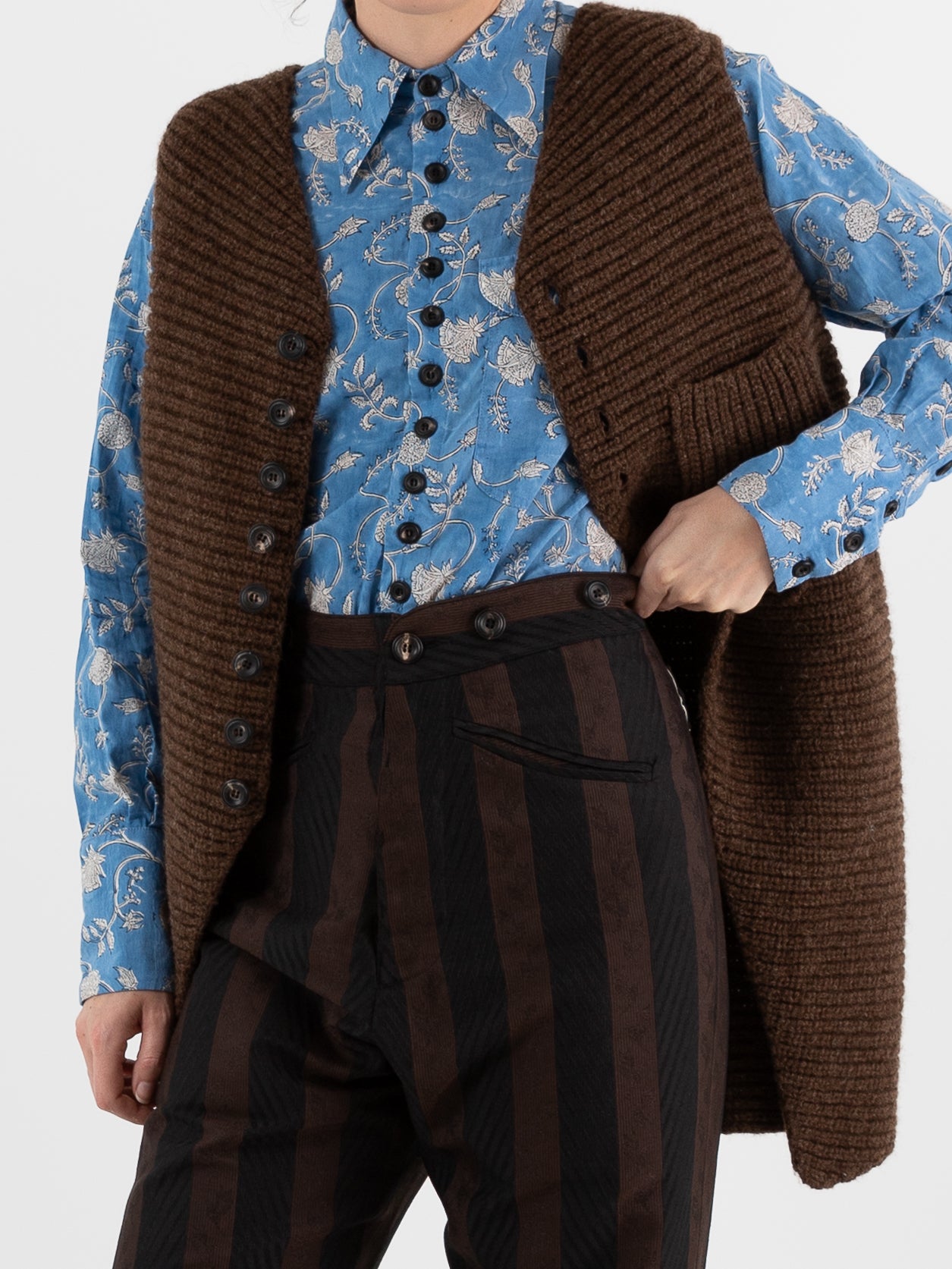 John Alexander Skelton Heavy Stitch Long Waistcoat in Brown - JOHN ALEXANDER SKELTON at Worthwhile