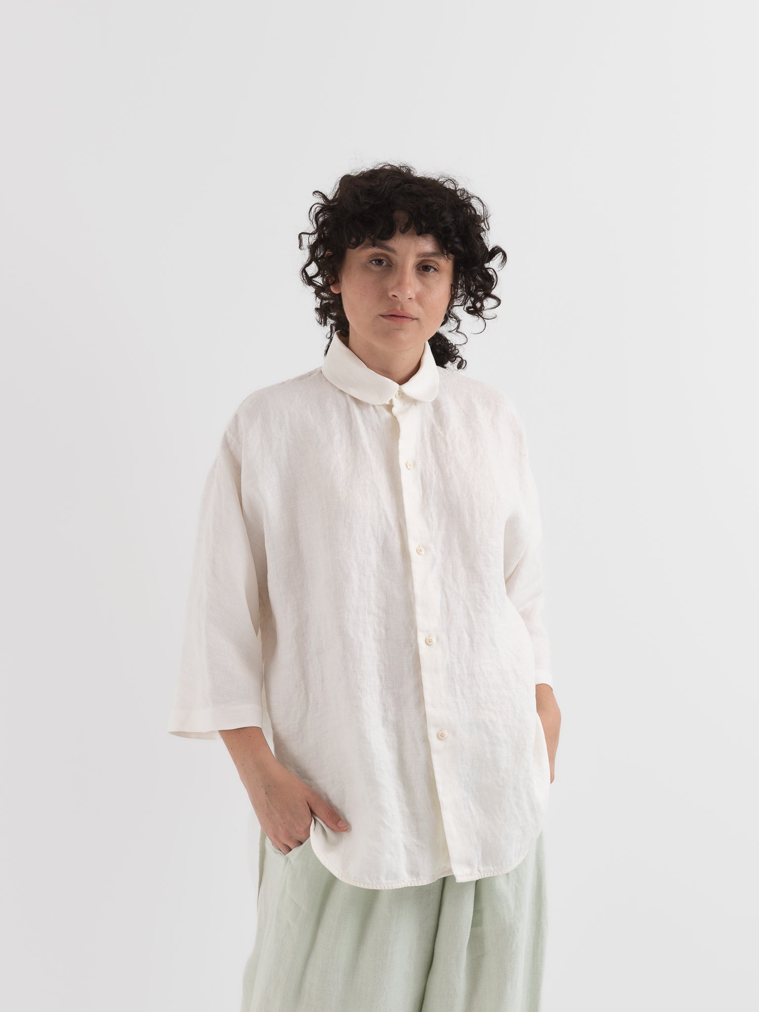 Quitan Round Collar Shirt in Off White - QUITAN at Worthwhile - shop TOP