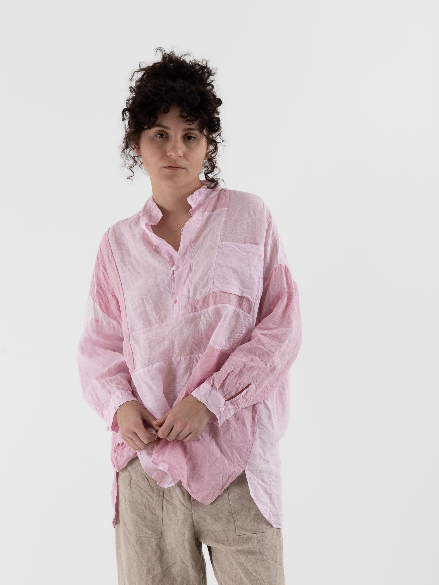 トップス 80s I.S. Linen Patchwork Shirt Risa Nakamura Patchwork Shirt Rindou in Pink at Worthwhile