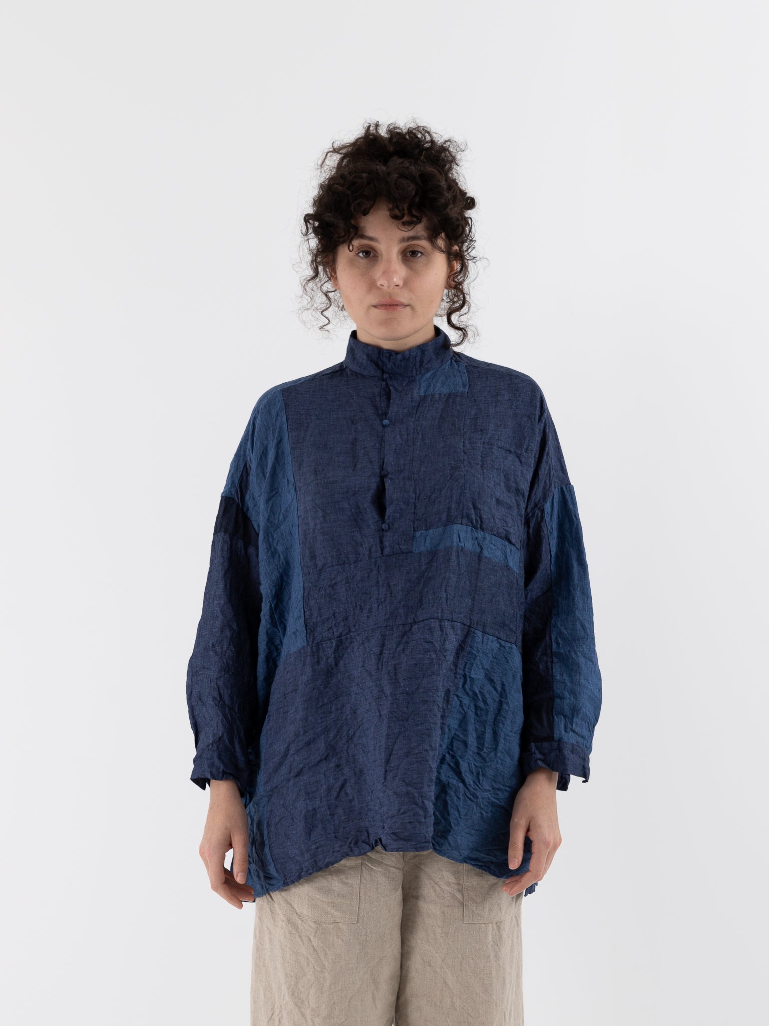 Risa Nakamura Patchwork Shirt Rindou in Blue at Worthwhile