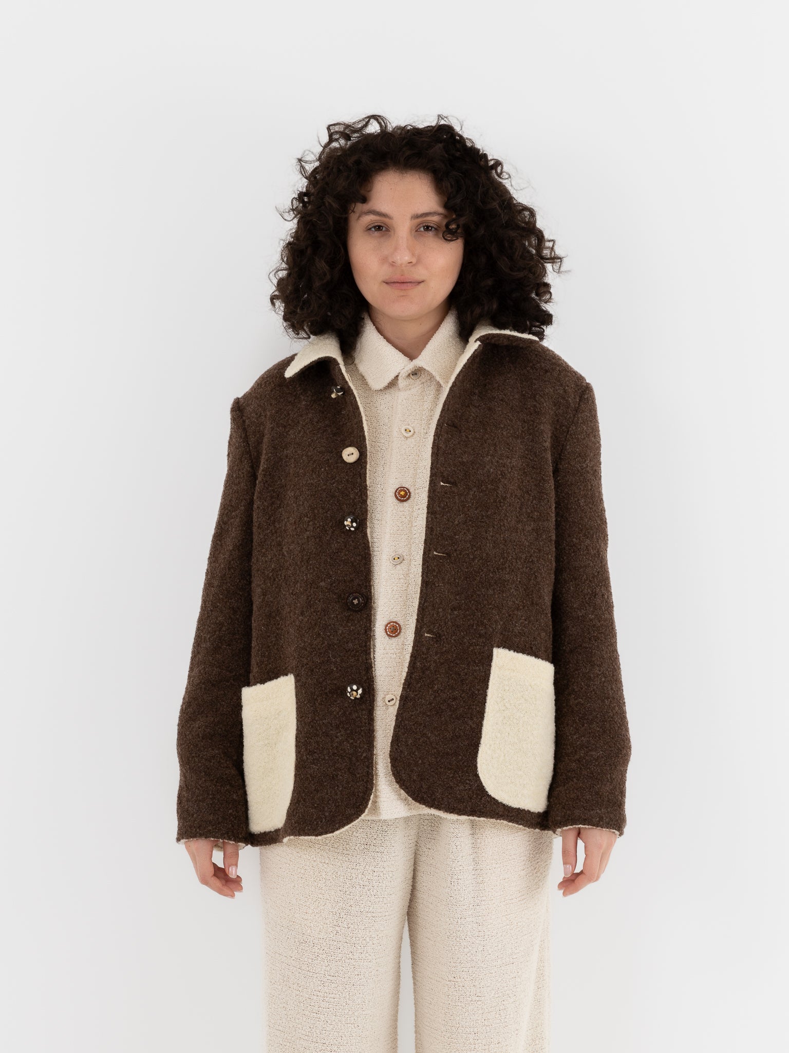 The Backward Vendor Double Jacket in Brown & White - THE BACKWARD VENDOR at Worthwhile - shop JACKET