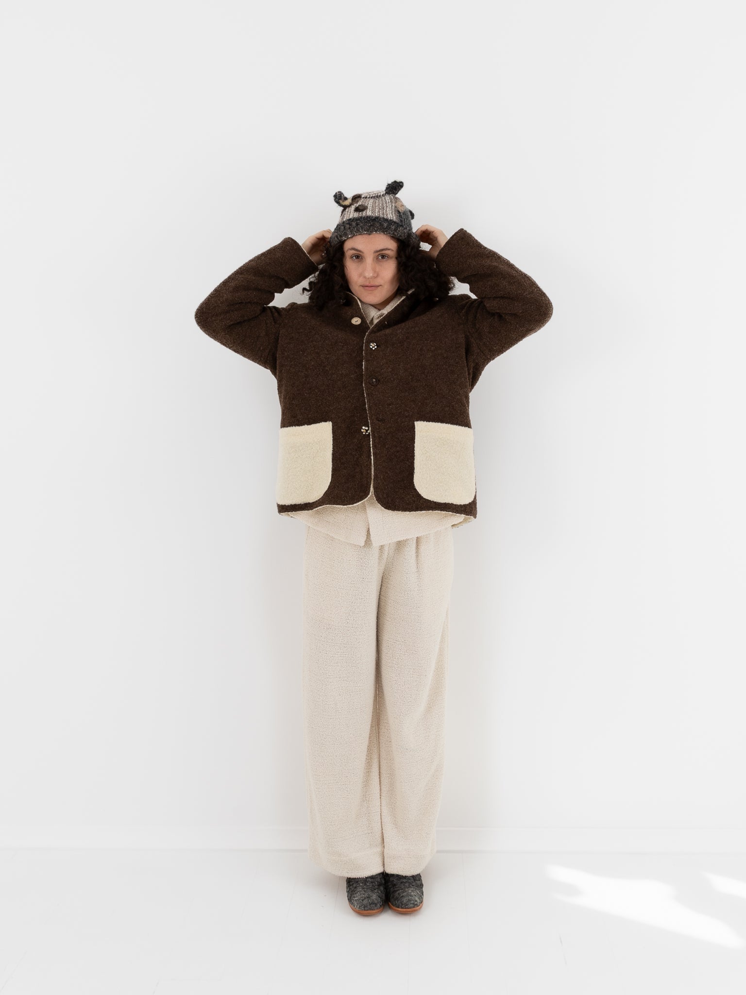 The Backward Vendor Double Jacket in Brown & White - THE BACKWARD VENDOR at Worthwhile - shop JACKET