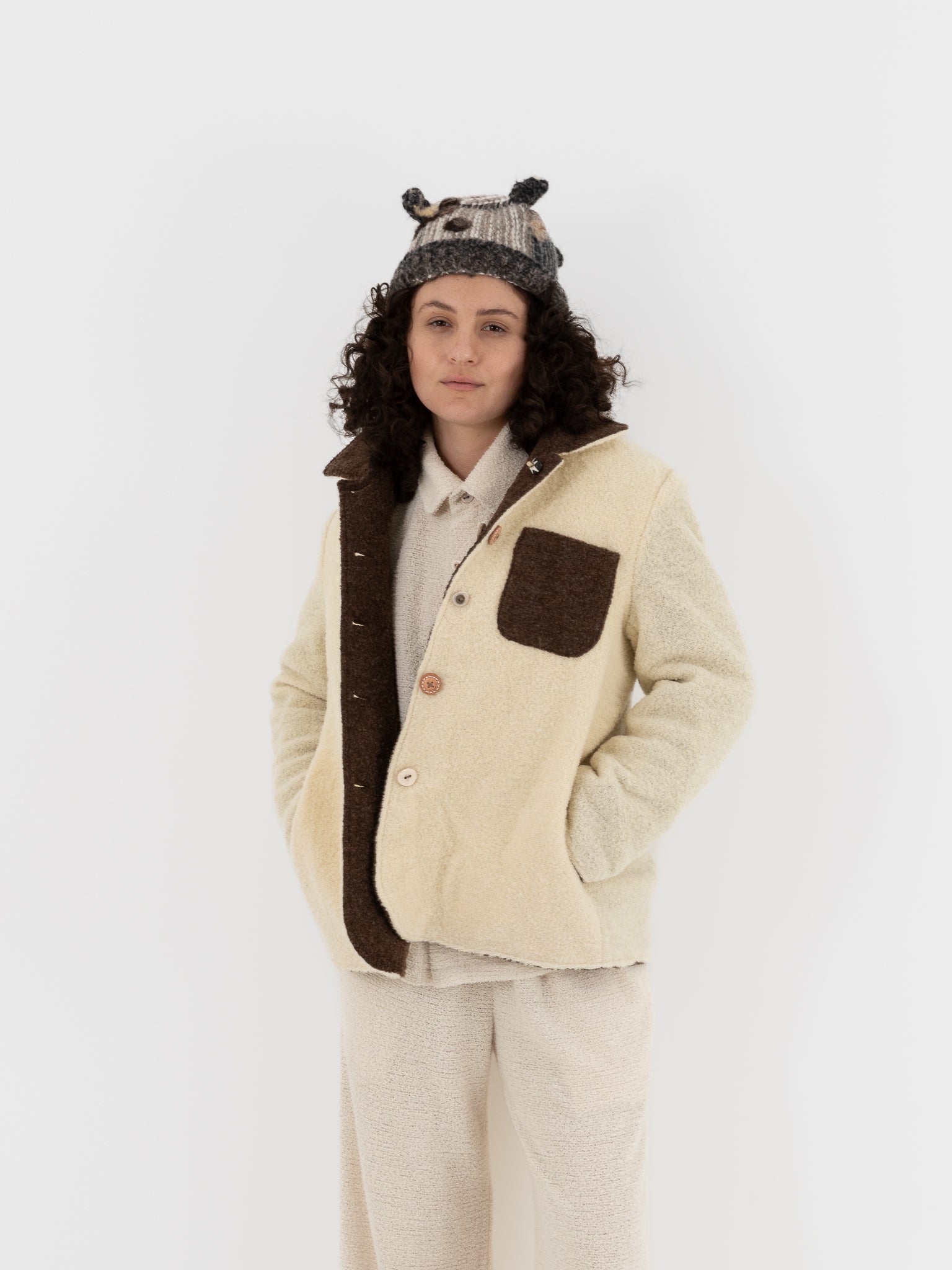 The Backward Vendor Double Jacket in Brown & White - THE BACKWARD VENDOR at Worthwhile - shop JACKET