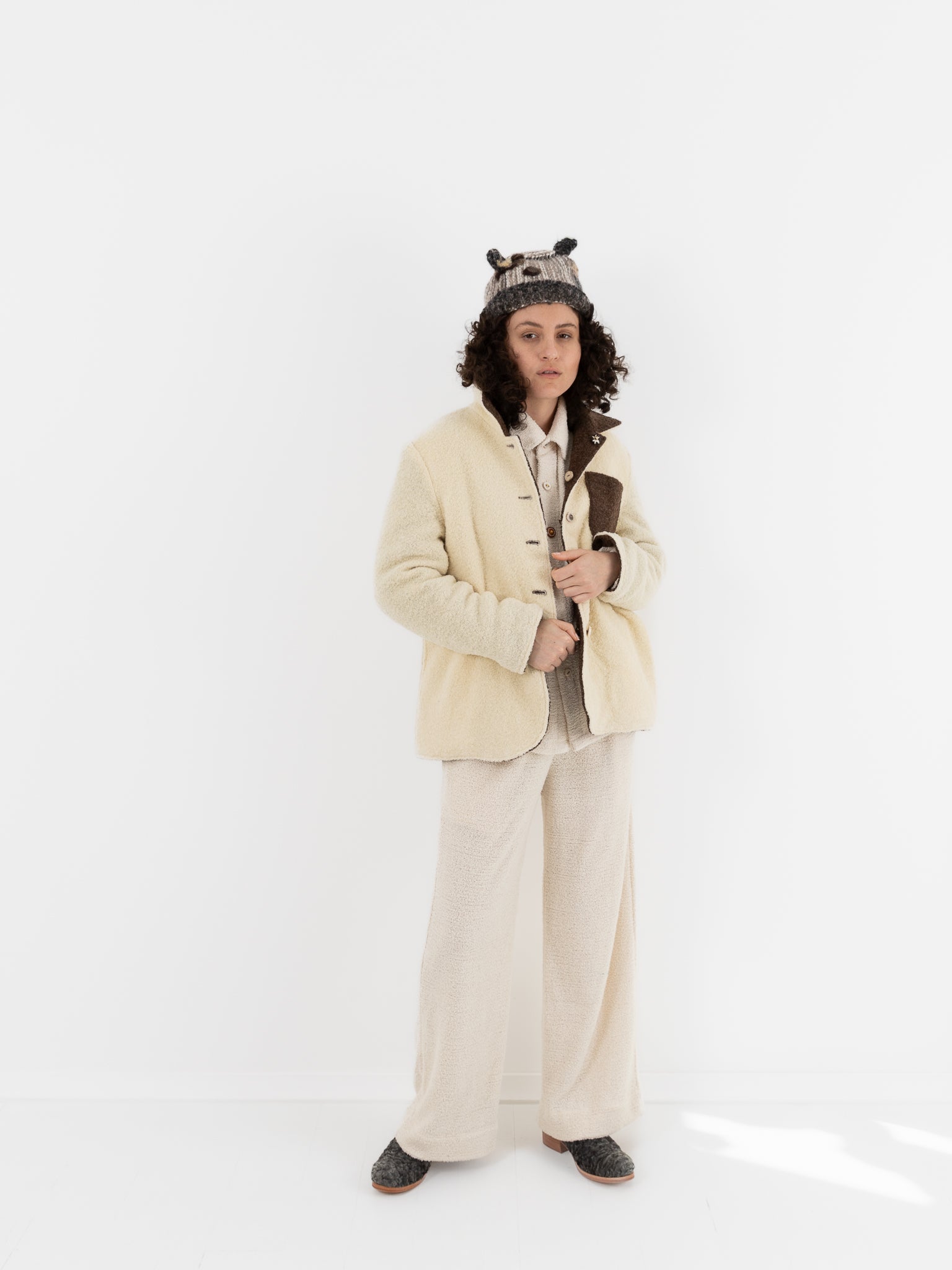 The Backward Vendor Double Jacket in Brown & White - THE BACKWARD VENDOR at Worthwhile - shop JACKET