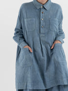 The Backward Vendor Drift Overshirt in Indigo - THE BACKWARD VENDOR at Worthwhile - shop TOP