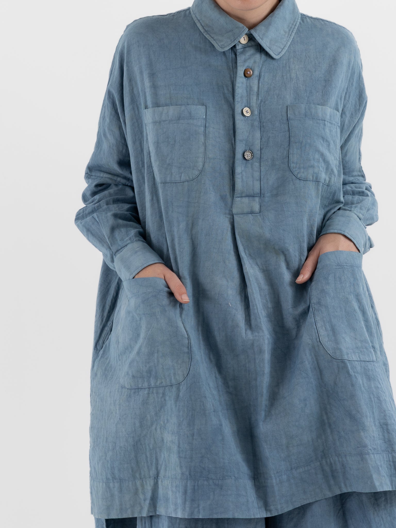 The Backward Vendor Drift Overshirt in Indigo - THE BACKWARD VENDOR at Worthwhile - shop TOP