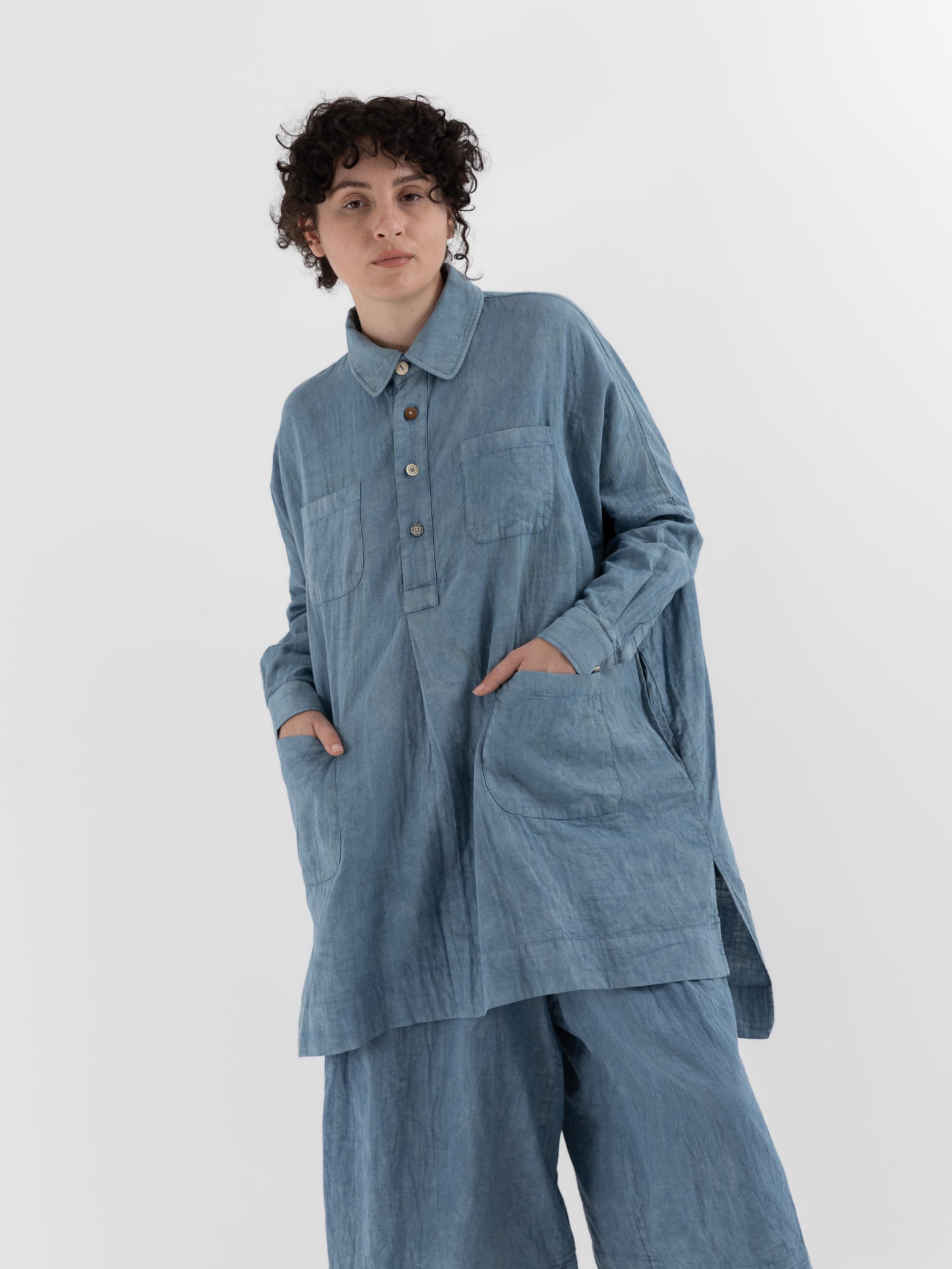 The Backward Vendor Drift Overshirt in Indigo - THE BACKWARD VENDOR at Worthwhile - shop TOP