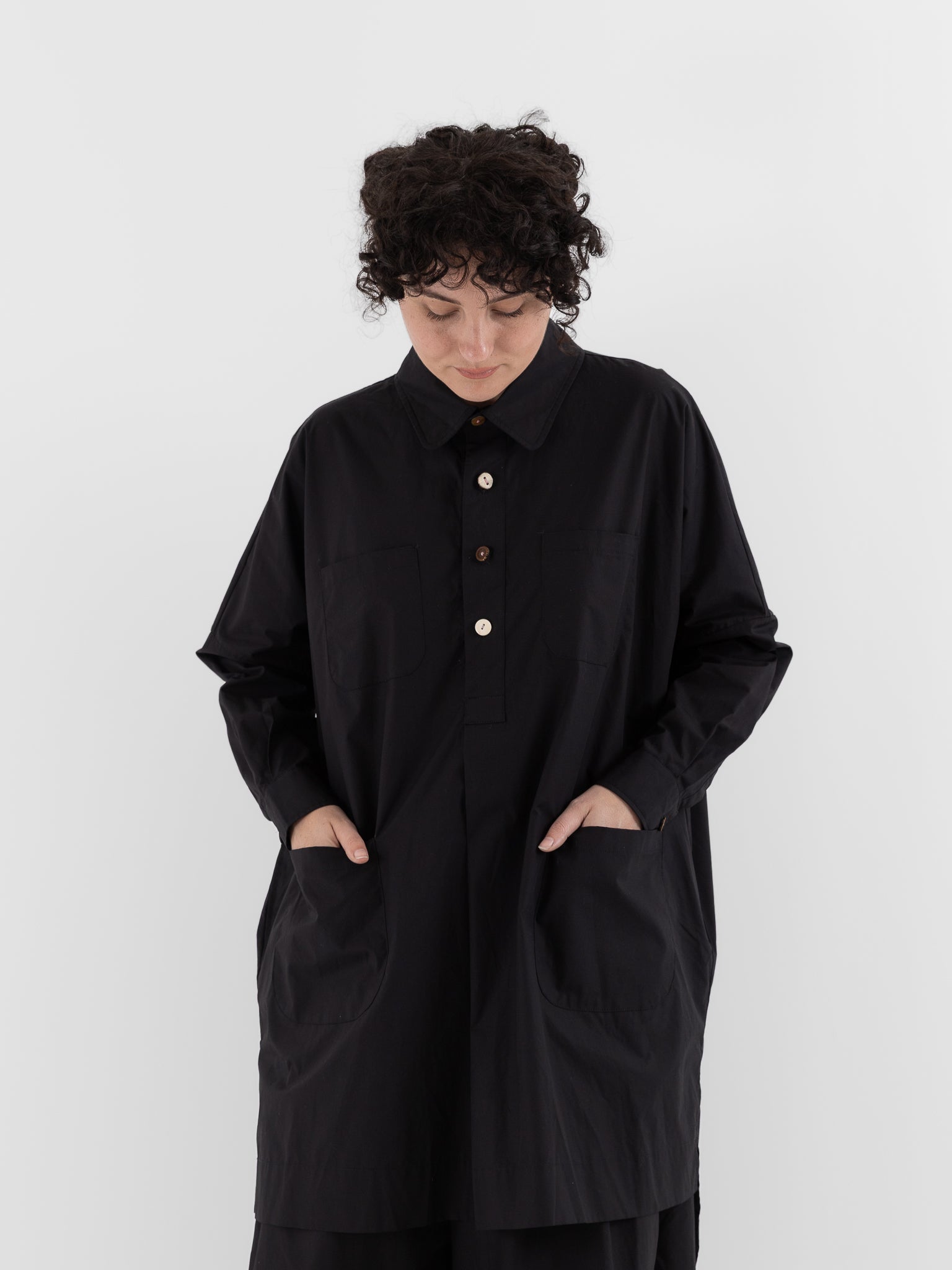 The Backward Vendor Drift Overshirt in Black - THE BACKWARD VENDOR at Worthwhile - shop TOP